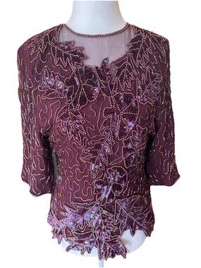 JRT Vintage 80s Silk Beaded Sequin Top Plum Leaf Purple Medium